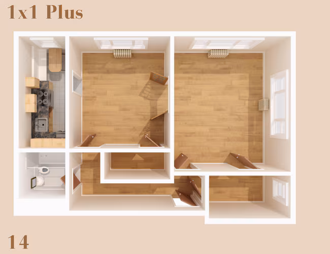 1 Bed, 1 Bath Plus Private Bedroom floor plan